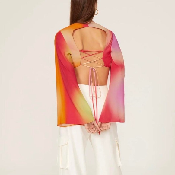 Nicole Miller Runway Crop Top 70s Ombré Silk Laced Open Back Flare Long Sleeve - Picture 3 of 8